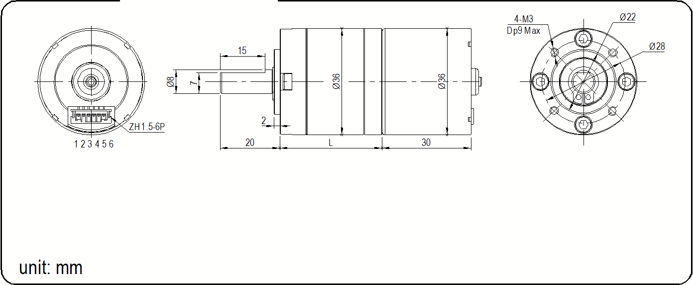 DM-36PBL3630 dimensional drawing with mounting dimensions in mm