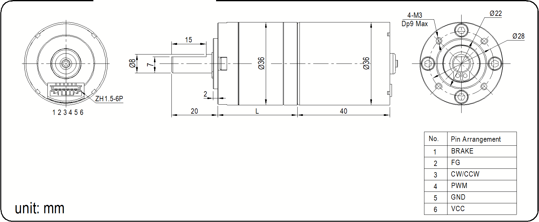 DM-36PBL3640 dimensional drawing with mounting dimensions in mm