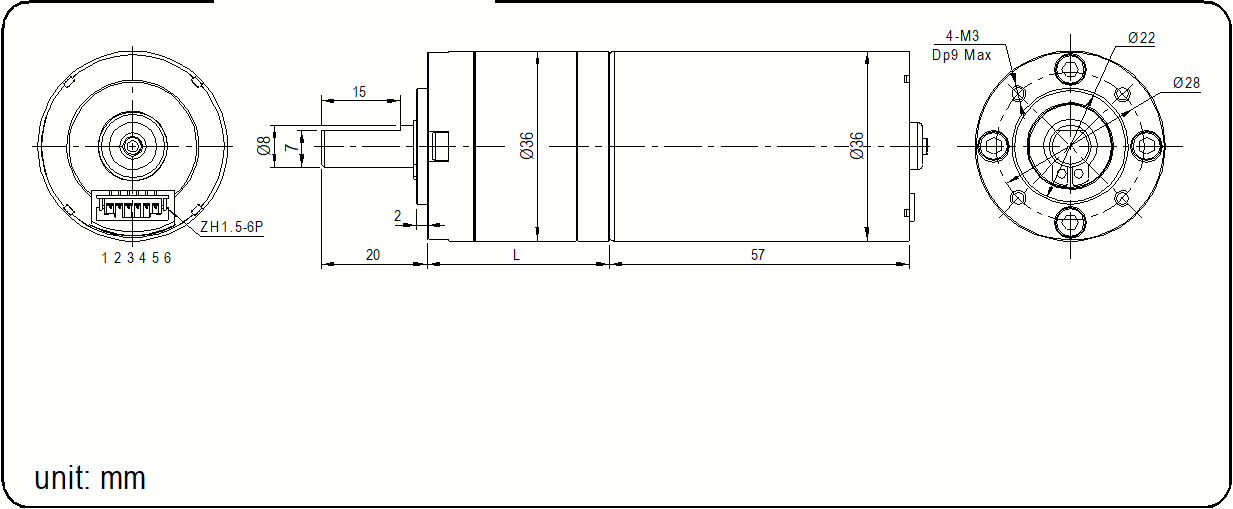 DM-36PBL3657 dimensional drawing with mounting dimensions in mm