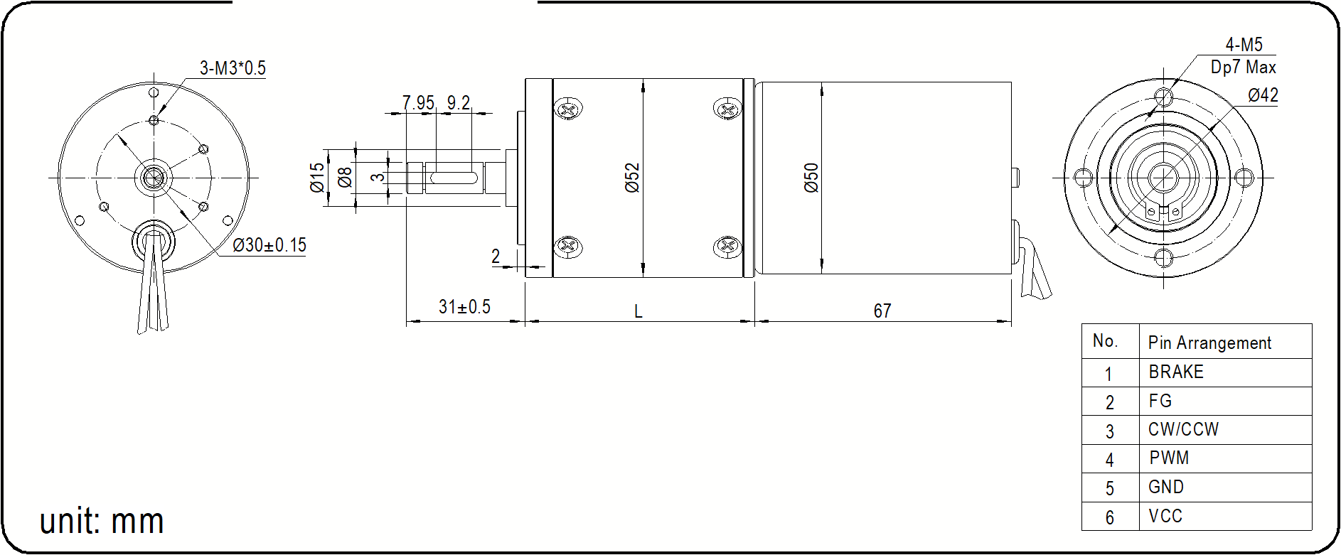 DM-52PBL5067 dimensional drawing with mounting dimensions in mm