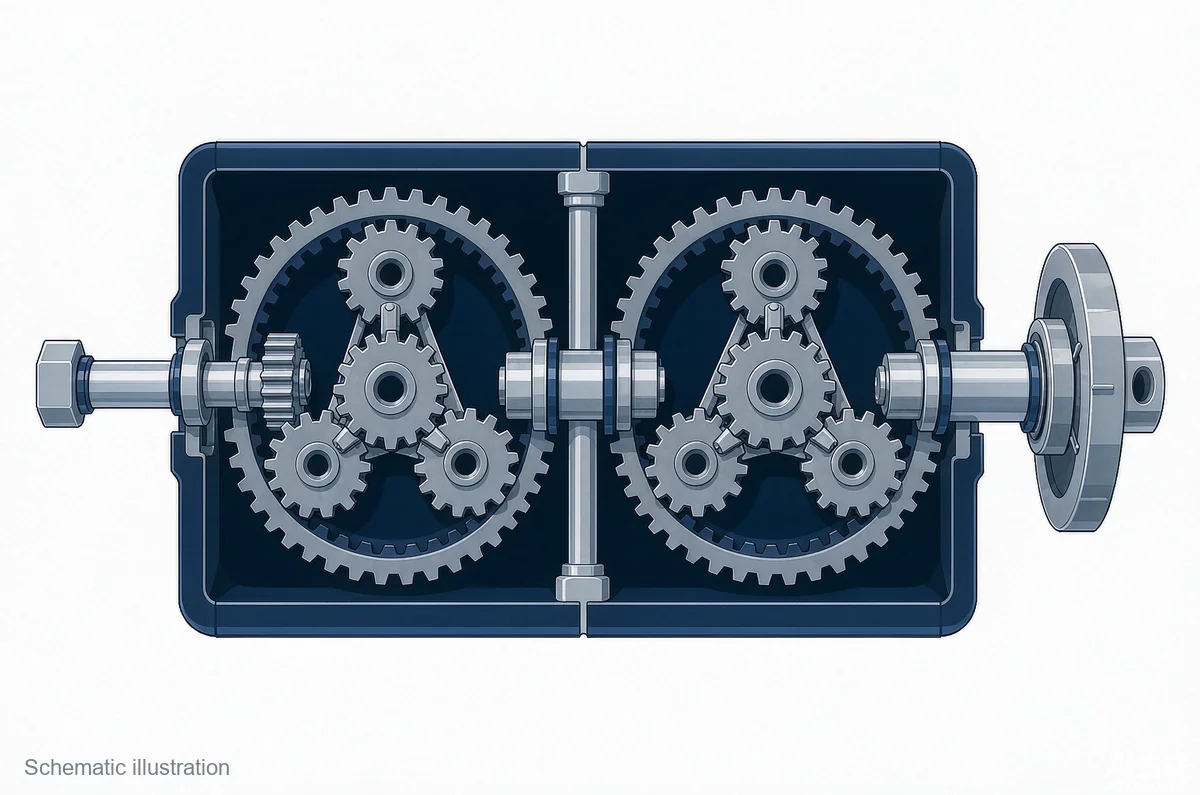 Planetary gearbox gear set showing sun gear, planet gears and ring gear