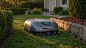Robotic lawn mower cutting a neat lawn in a residential garden
