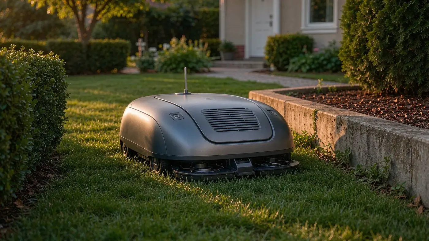 Robotic lawn mower cutting a neat lawn in a residential garden