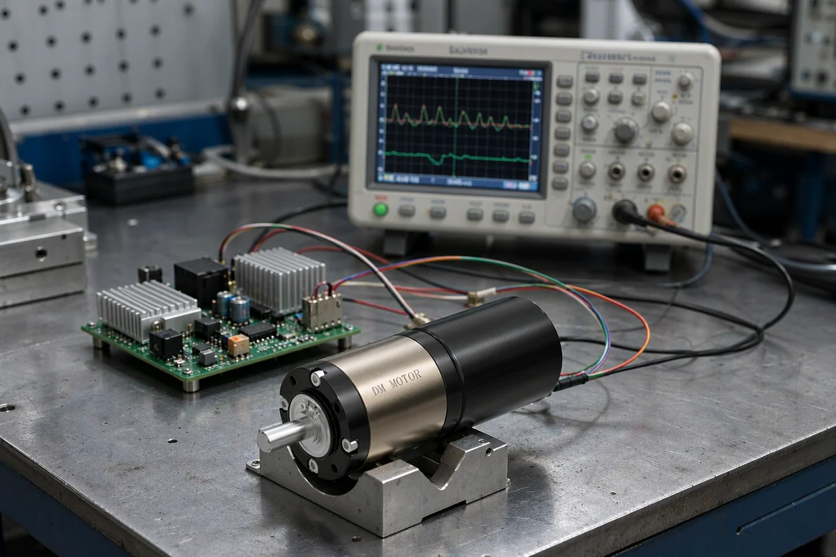 Brushless planetary gear motor mounted on a drive test bench with controller wiring